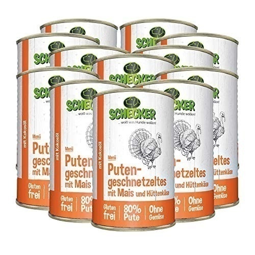 Bild von Schecker - Schecker Hundemenü - Putengeschnetzeltes mit Mais und Hüttenkäse [12 x 410g]