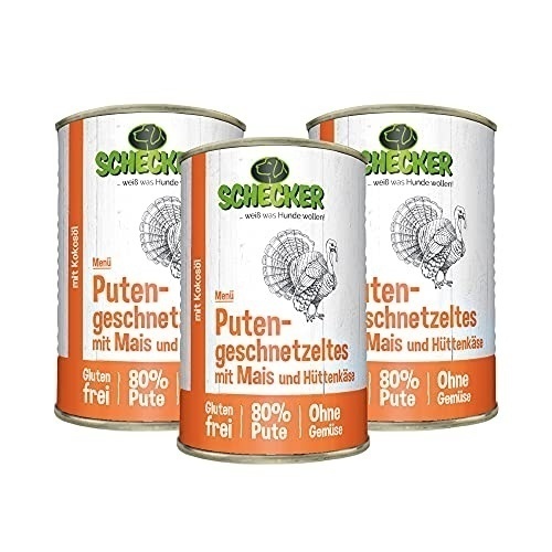 Bild von Schecker - Schecker Hundemenü - Putengeschnetzeltes mit Mais und Hüttenkäse [3 x 410g]
