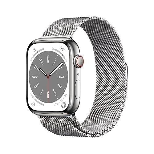 Bild von Apple Watch Series 8 Edelstahlgehäuse silber 45mm mit Milanaise-Armband silber (GPS + Cellular)
