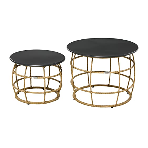 Bild von Outsunny Beistelltisch Sofatisch Kaffeetisch 2er-Set Handgeflochten mit Tischplatte für Garten, Balkon, Ø46+Ø60 cm, Sand   Aosom