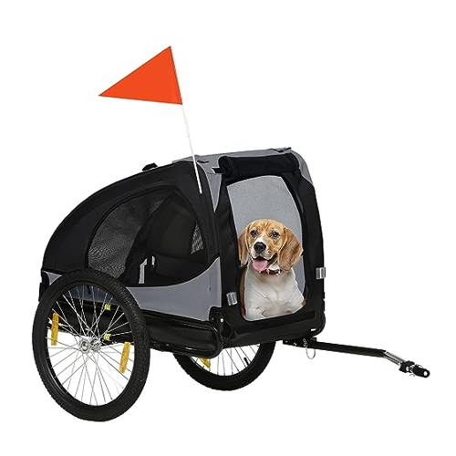 Bild von PawHut Anhänger Hund, Belastbarkeit 20kg, für mittelgroße Hunde, mit Netzfenstern Plane Sicherheitsleine, 140x71x83cm, Oxfordstoff, Schwarz   Aosom