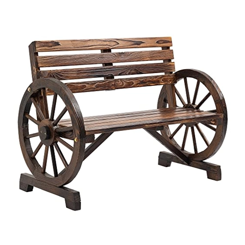 Bild von Outsunny Gartenbank 2-Sitzer  Holzbank mit Wagenrad-Armlehnen im Landhausstil, Tannenholz, Braun, 105,5x56x79cm  Aosom