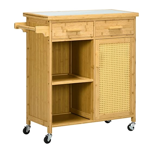 Bild von HOMCOM Küchenwagen  Servierwagen mit Schublade, Schrank, offenen Ebenen, Handtuchhalter, Arbeitsplatte, Bambus, Natur  Aosom