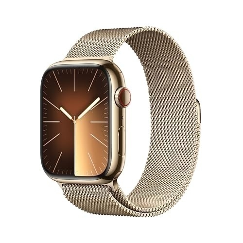 Bild von Apple Watch Series 9 Edelstahlgehäuse gold 45mm Milanaise-Armband gold (GPS + Cellular)