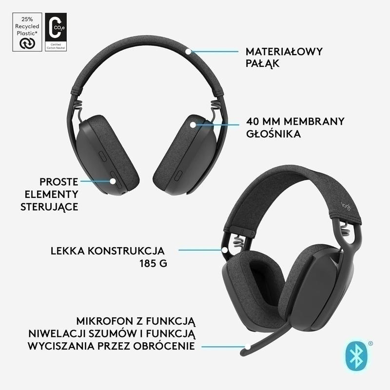 Bild von Logitech Zone Vibe Wireless Bluetooth Kopfhörer mit Mikrofon mit Geräuschunterdrückung, USB-A, USB-C, zertifiziert für Google Meet, Google Voice, Zoom, Mac/PC - Grau