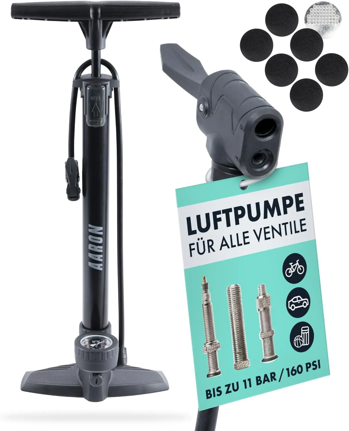 Bild von AARON AIR Fahrrad Standpumpe mit Manometer für alle Ventile in Schwarz