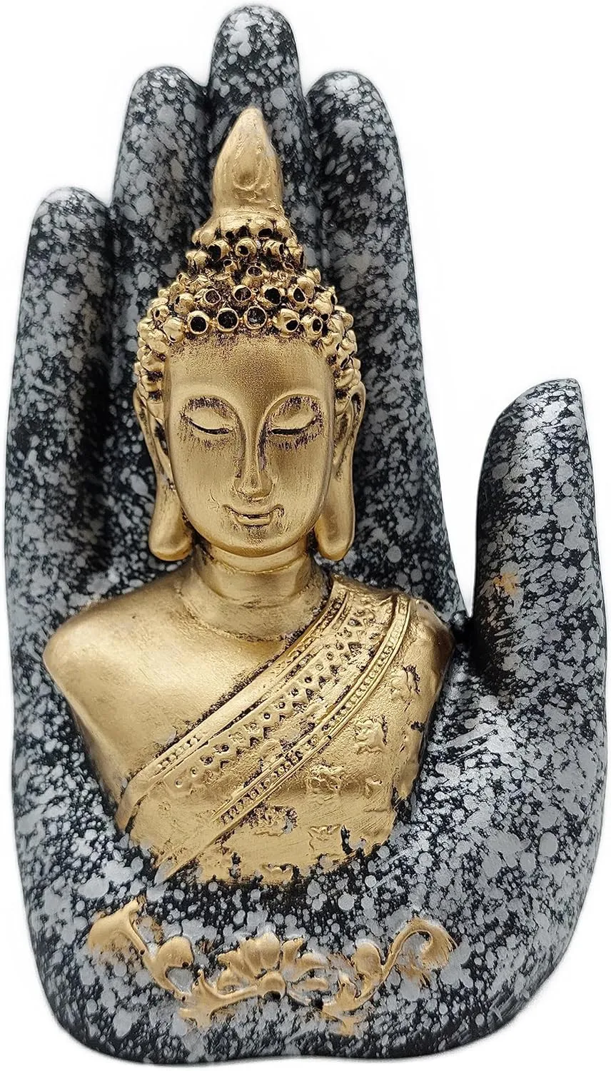 Bild von AB India Crafts Buddha Statue aus Marmorharz in silbergrau und gold, 18 x 10,5 x 8 cm, für spirituelle Dekoration und Harmonie