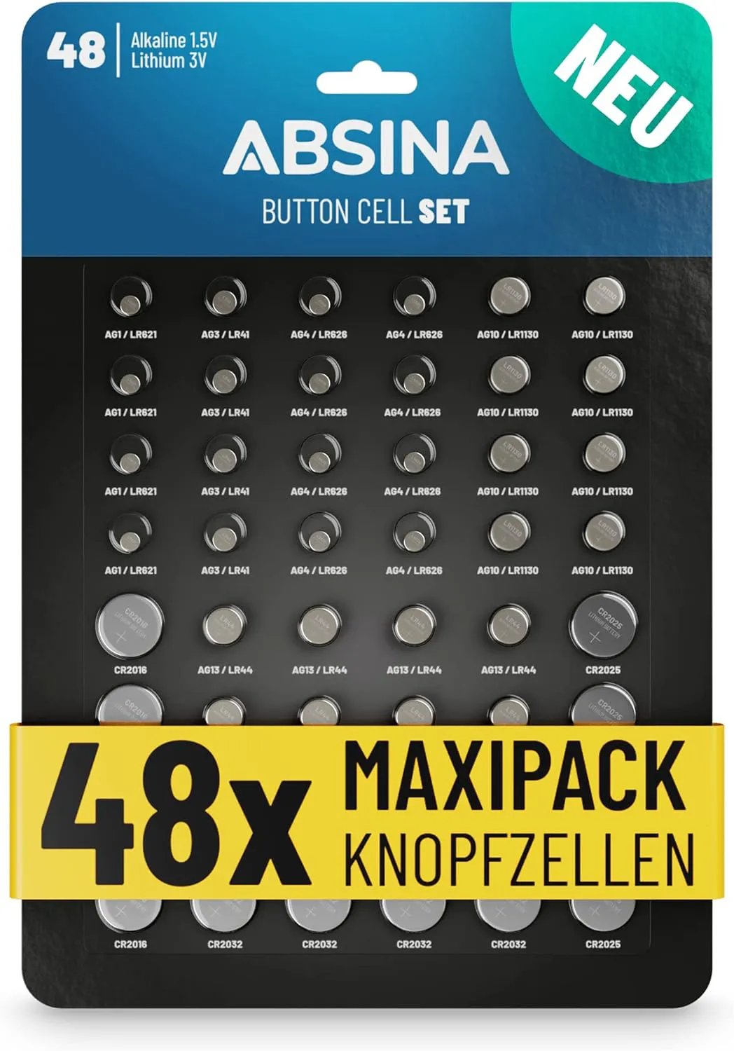 Bild von ABSINA 48er Pack Knopfzellen Sortiment mit Alkaline und Lithium Batterien in verschiedenen Größen