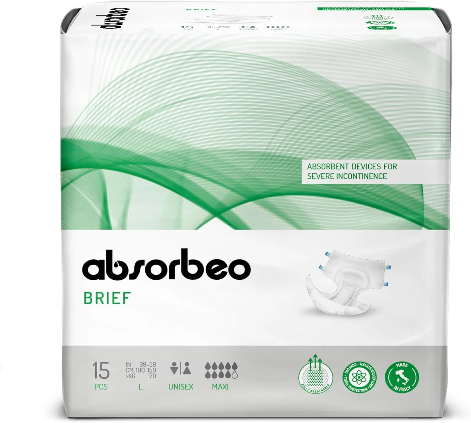 Bild von Absorbeo Maxi Windeln für schwere Blasenschwäche, 15 Stück, Größe L, unisex, atmungsaktiv mit Anti-Odour-System