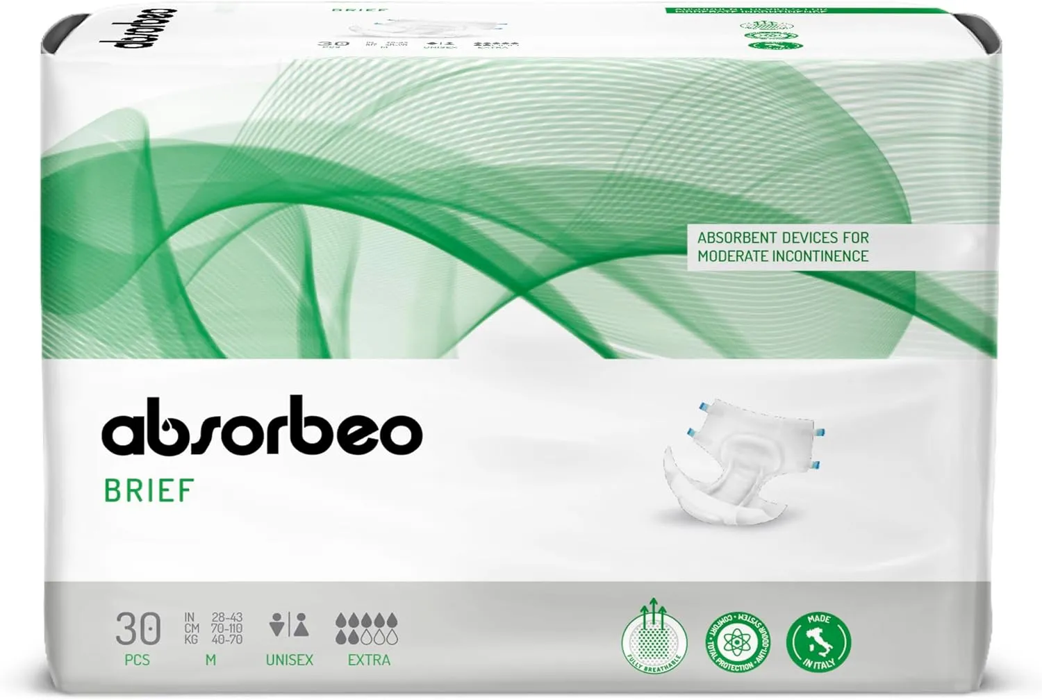 Bild von Absorbeo Windeln EXTRA mit 30 Stück für mittlere Blasenschwäche, Größe M, unisex, atmungsaktiv und mit Anti-Odour-System