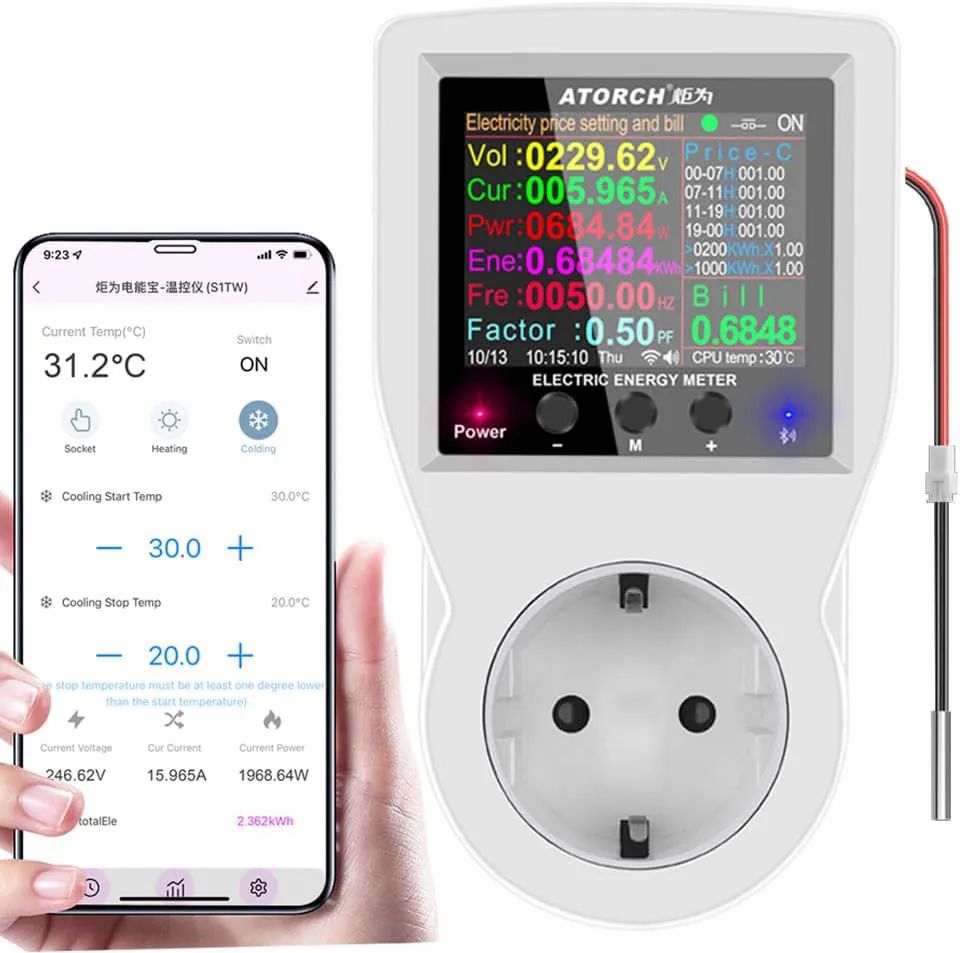 Bild von AC WLAN Wattmeter mit Plug-in EU Steckdose und großem Farbdisplay, Überlastschutz und Energieüberwachung