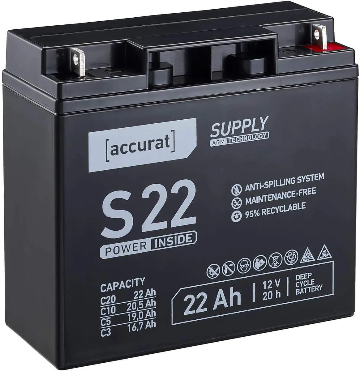 Bild von Accurat Supply AGM Solarbatterie S22 mit 12V und 22Ah, zyklenfest und ideal für Wohnmobile, Wohnwagen und Boote