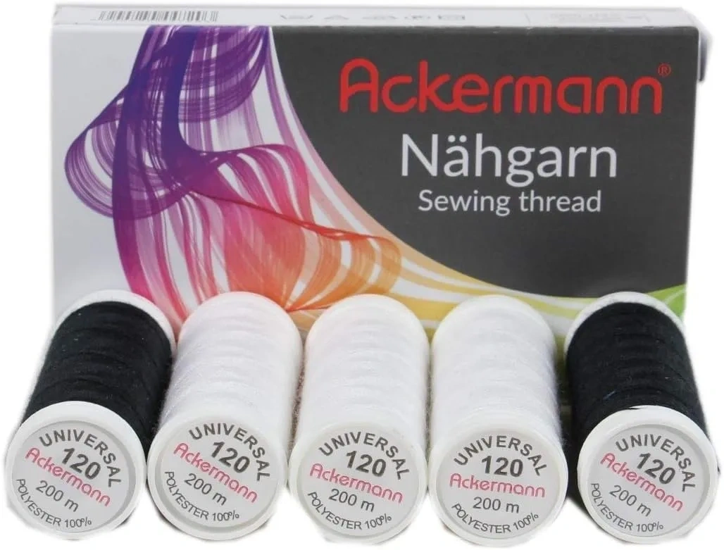 Bild von Ackermann 5X 200m Universal Nähgarn in Stärke 120, 100% Polyester, reißfest, 3x Weiß und 2x Schwarz