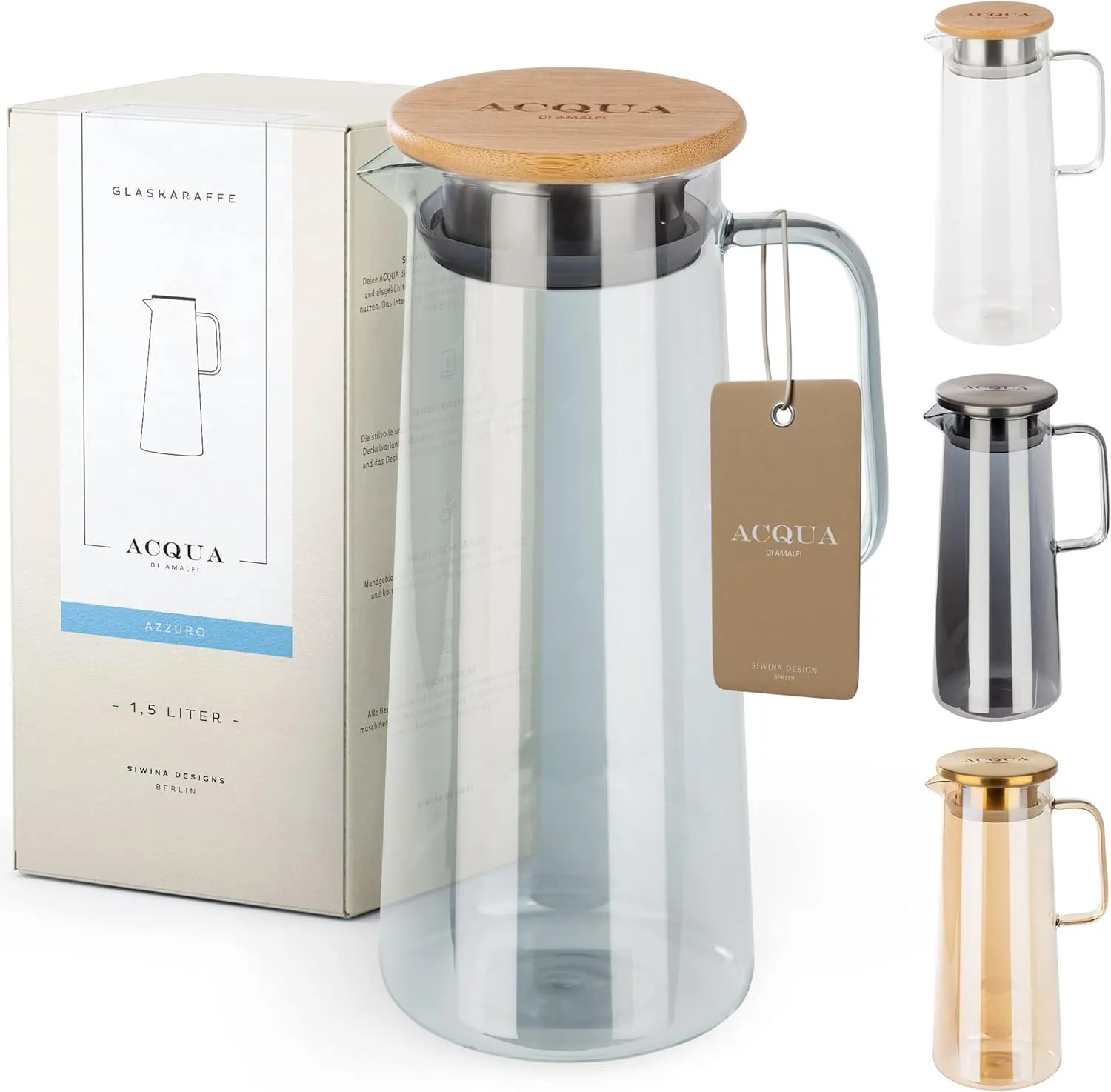 Bild von ACQUA DI AMALFI Glaskaraffe mit Deckel, 1,5 Liter, auslaufsicher und hochwertig, ideal für Limonade, Wasser und Tee in Blau und Bambusdesign