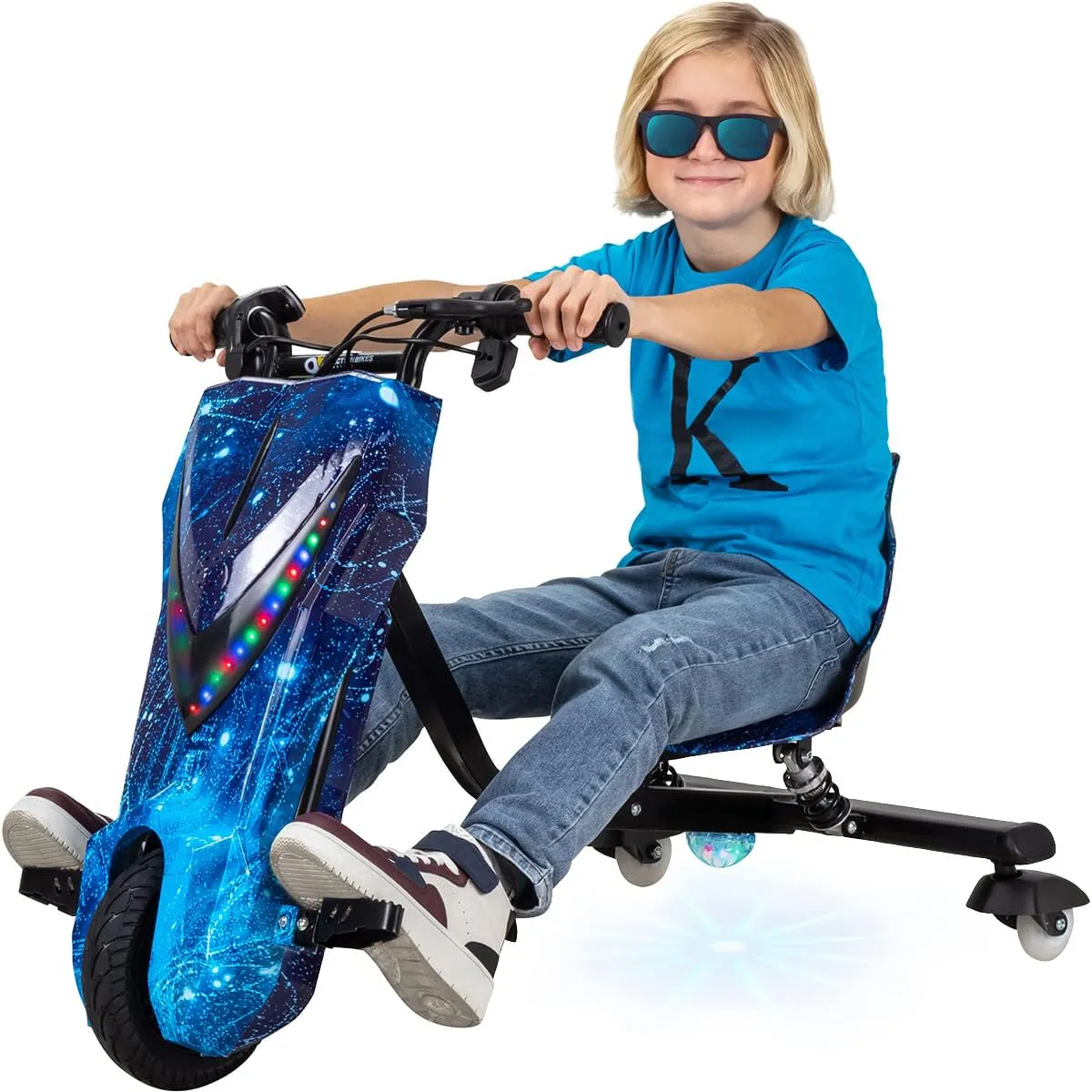 Bild von Actionbikes Motors Kinder Elektro Driftscooter mit 250 Watt Motor, 3 Geschwindigkeitsstufen, verstellbarem Sitz, LED-Beleuchtung und Bluetooth in Space Blue