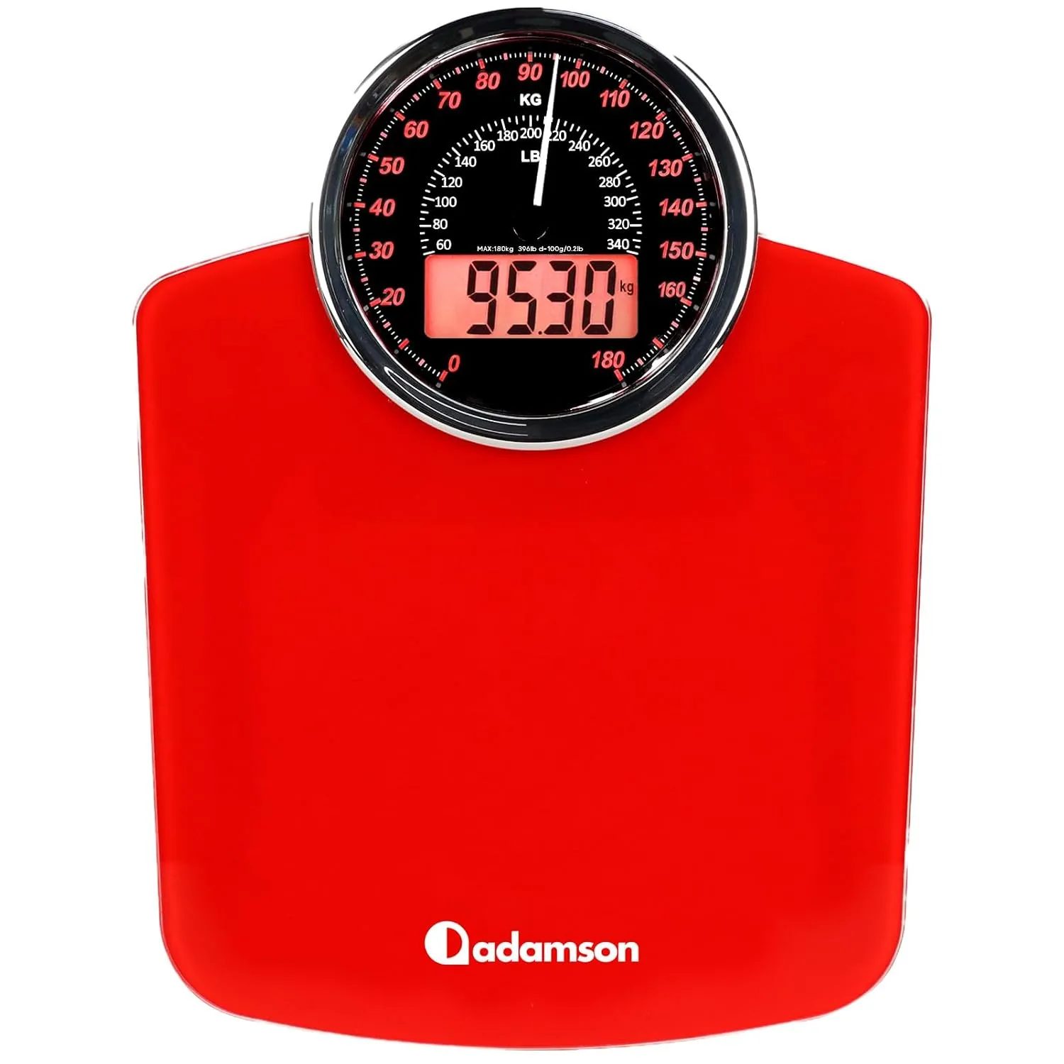 Bild von Adamson Hybrid 2-in-1 Körperwaage bis 180 kg mit großem Display und Hartglas in Rot