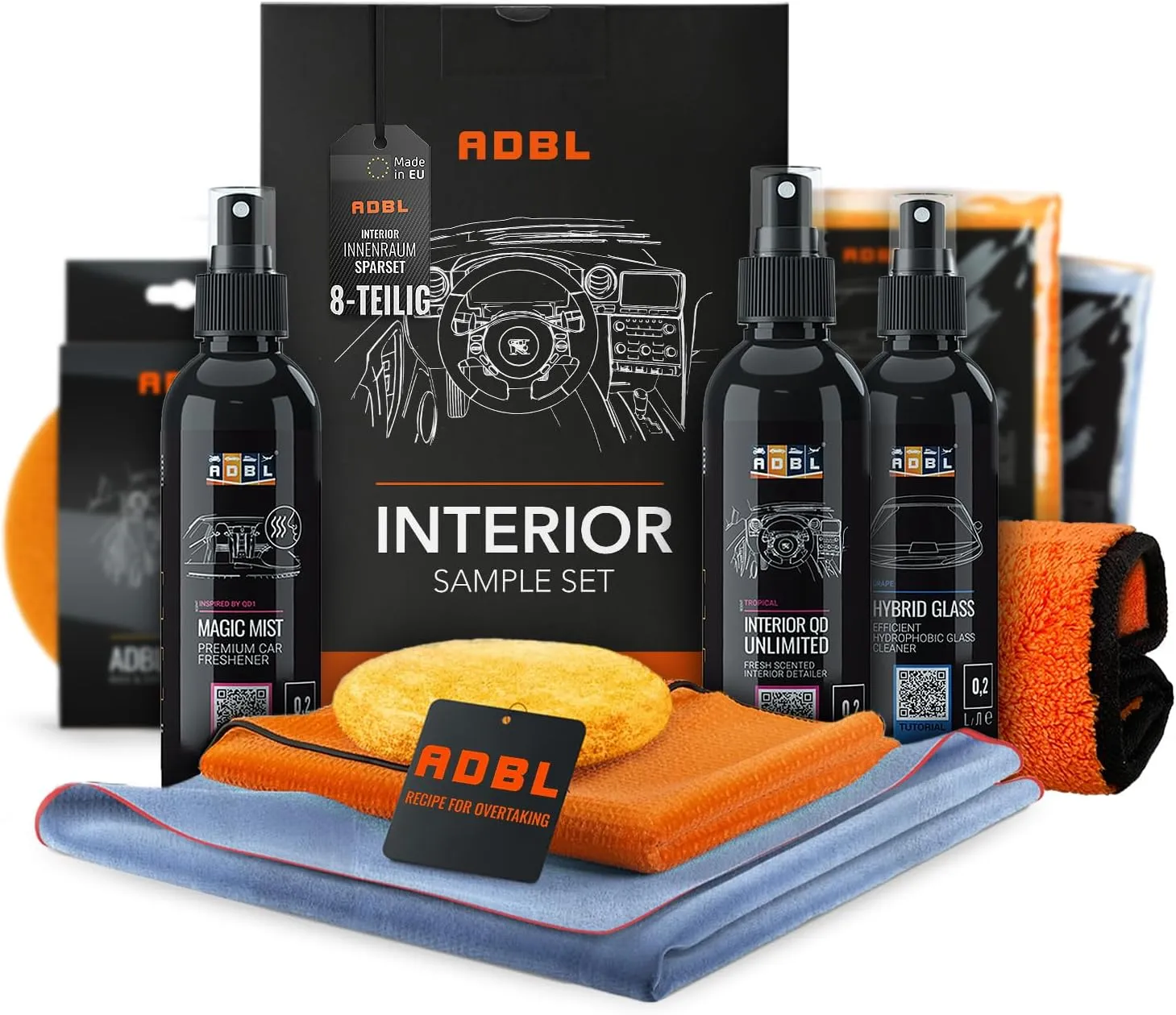 Bild von ADBL Interior Experience Set 8-teilig für die Innenpflege von Fahrzeugen mit Innenreiniger, Glasreiniger, Lufterfrischer, Handpolierschwamm und Mikrofasertuch