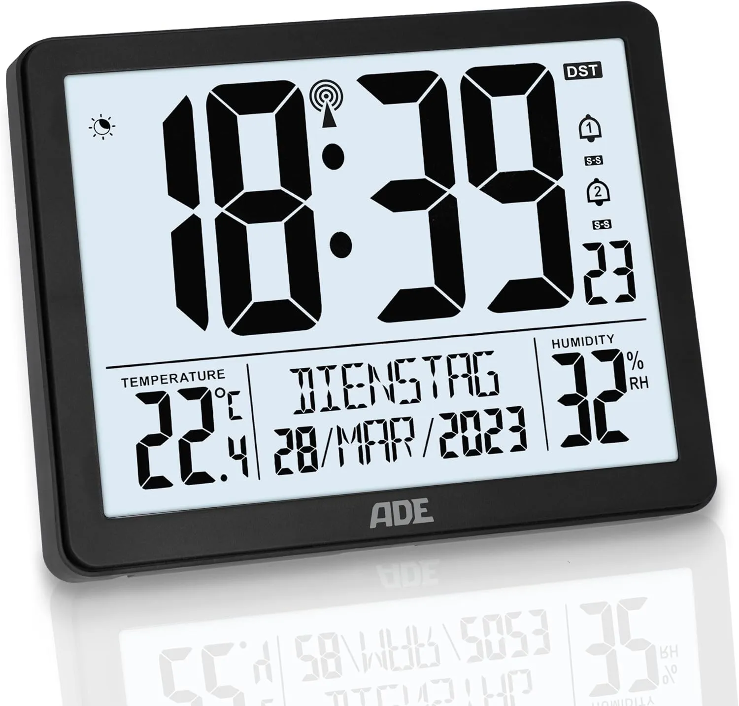 Bild von ADE digitale Funkuhr mit großen Ziffern, Tisch- und Wanduhr, zwei Weckzeiten, Beleuchtung, Thermometer und Hygrometer in mattschwarzem Rahmen