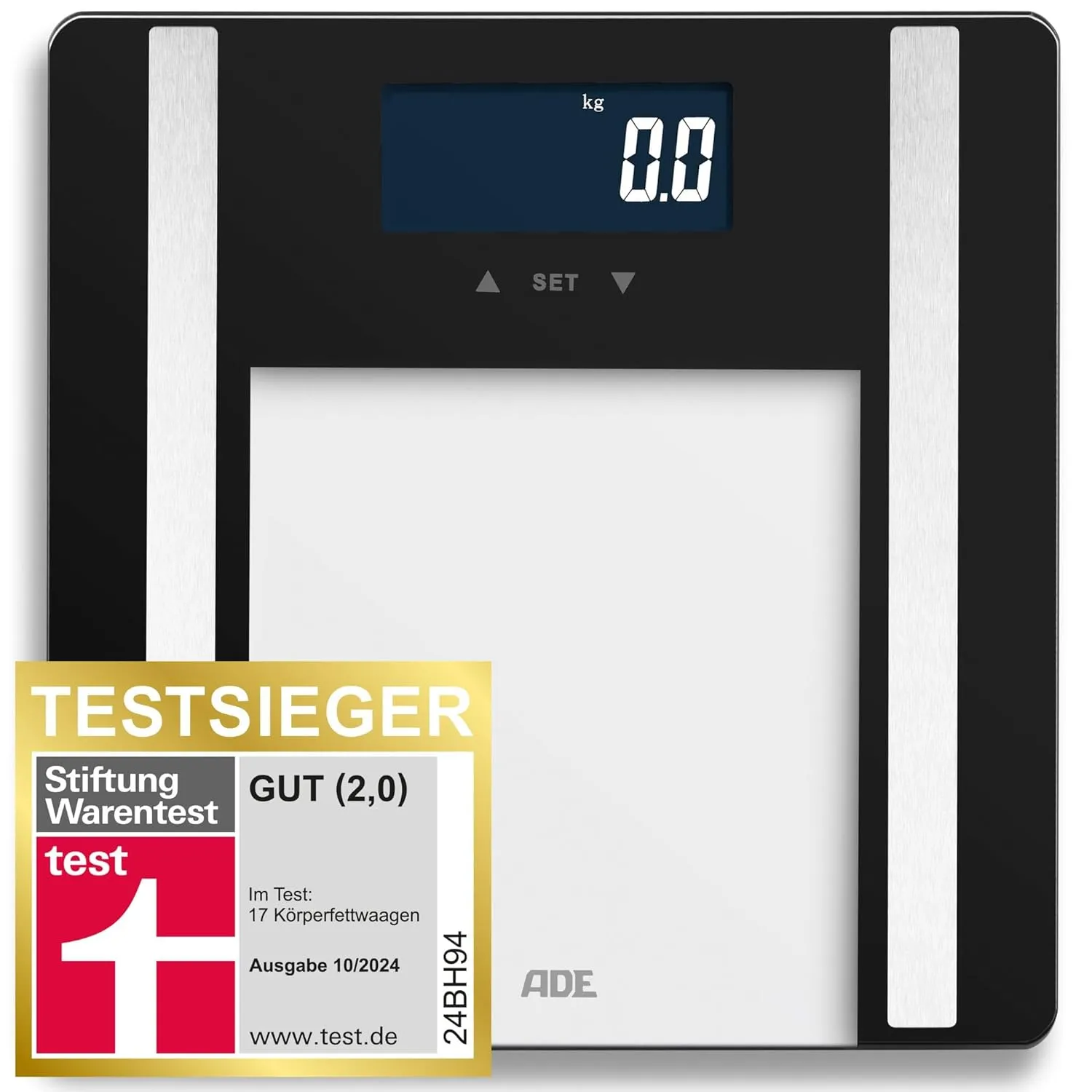 Bild von ADE Ines Digitale Körperfettwaage bis 200 kg mit Körperfettanalyse, BMI, Muskelmasse, Körperwasser und Benutzererkennung in schwarz