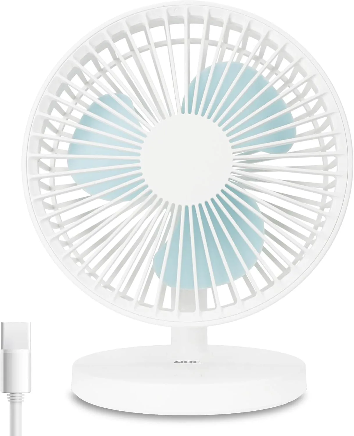 Bild von ADE USB Tischventilator in Weiß mit 3 Stufen, leise, Akku mit bis zu 7,5 Stunden Laufzeit und 180 Grad Neigungswinkel