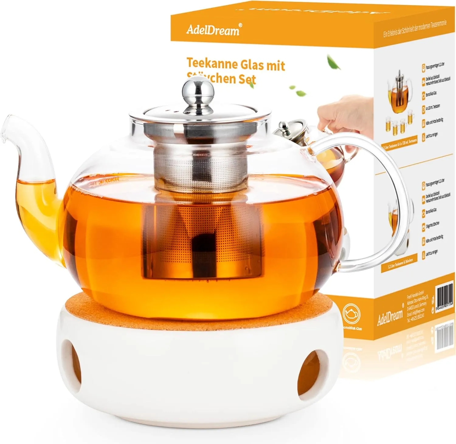 Bild von AdelDream Glas Teekanne mit Infuser und Teewärmer für blühenden und losen Blatttee, 1200 ml