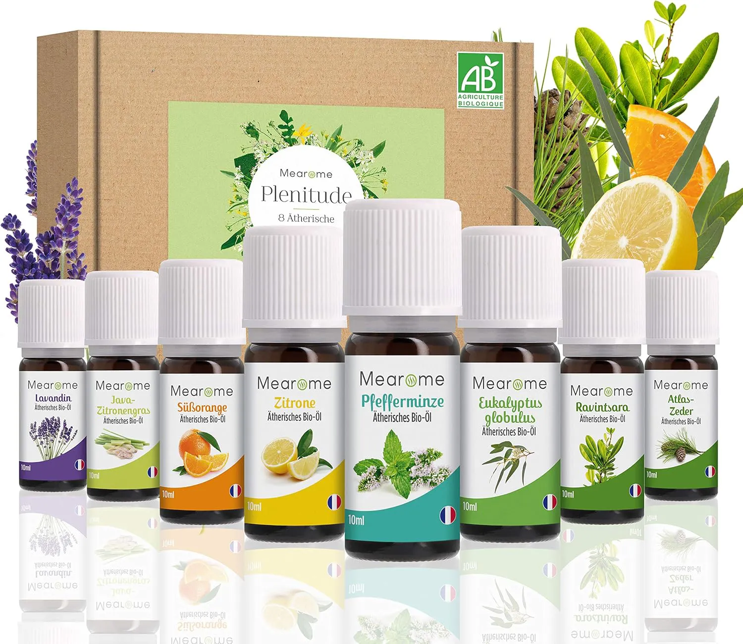 Bild von Ätherische Öle Set mit Bio-Zertifizierung und 100% naturreinen Düften für Aromatherapie und Massage, inklusive Ravintsara, Lavendin, Pfefferminz, Zitrone, Eukalyptus und Süßorange