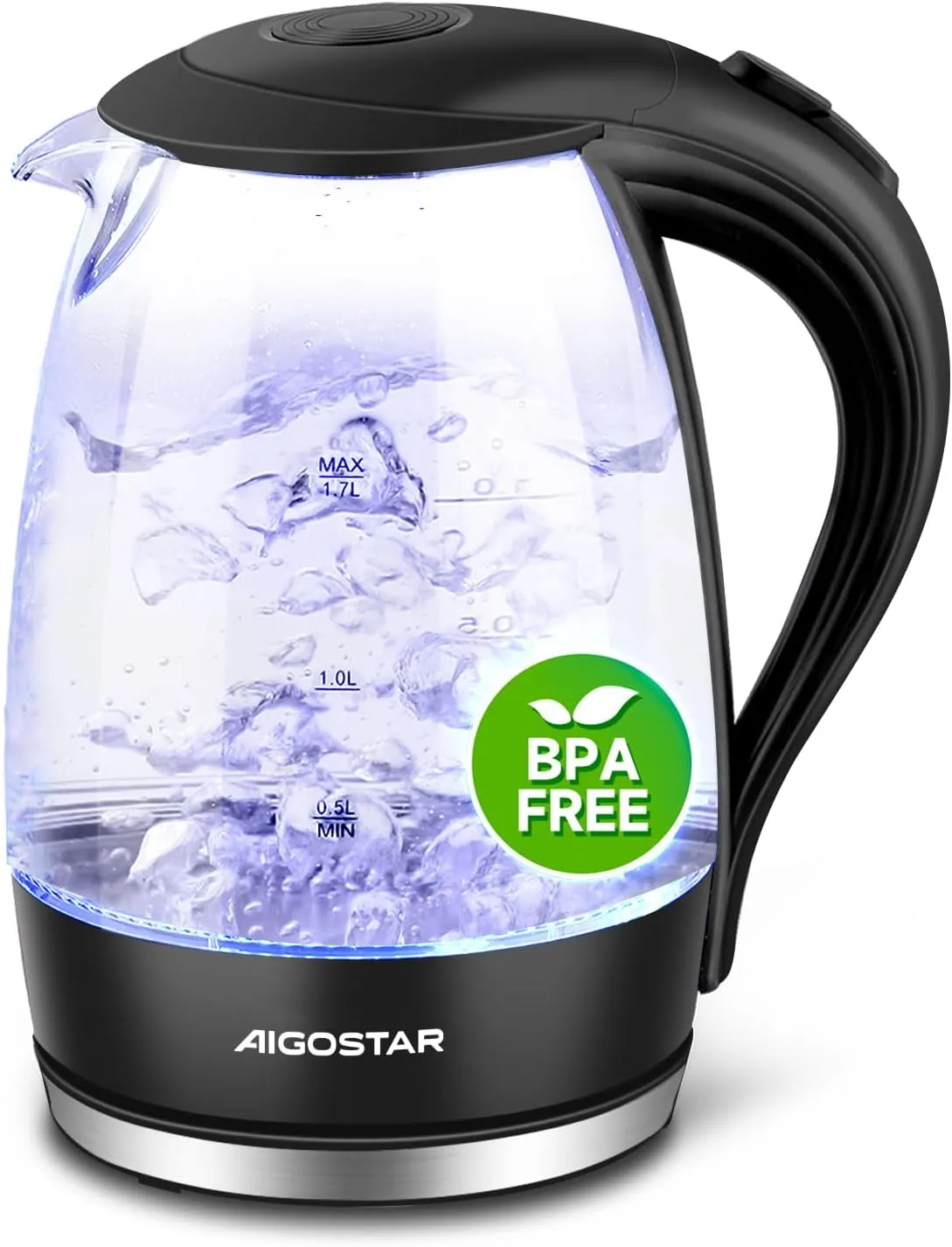 Bild von Aigostar Adam Wasserkocher aus Borosilikatglas mit 1,7 Litern, 2200 Watt und LED-Beleuchtung, schwarz
