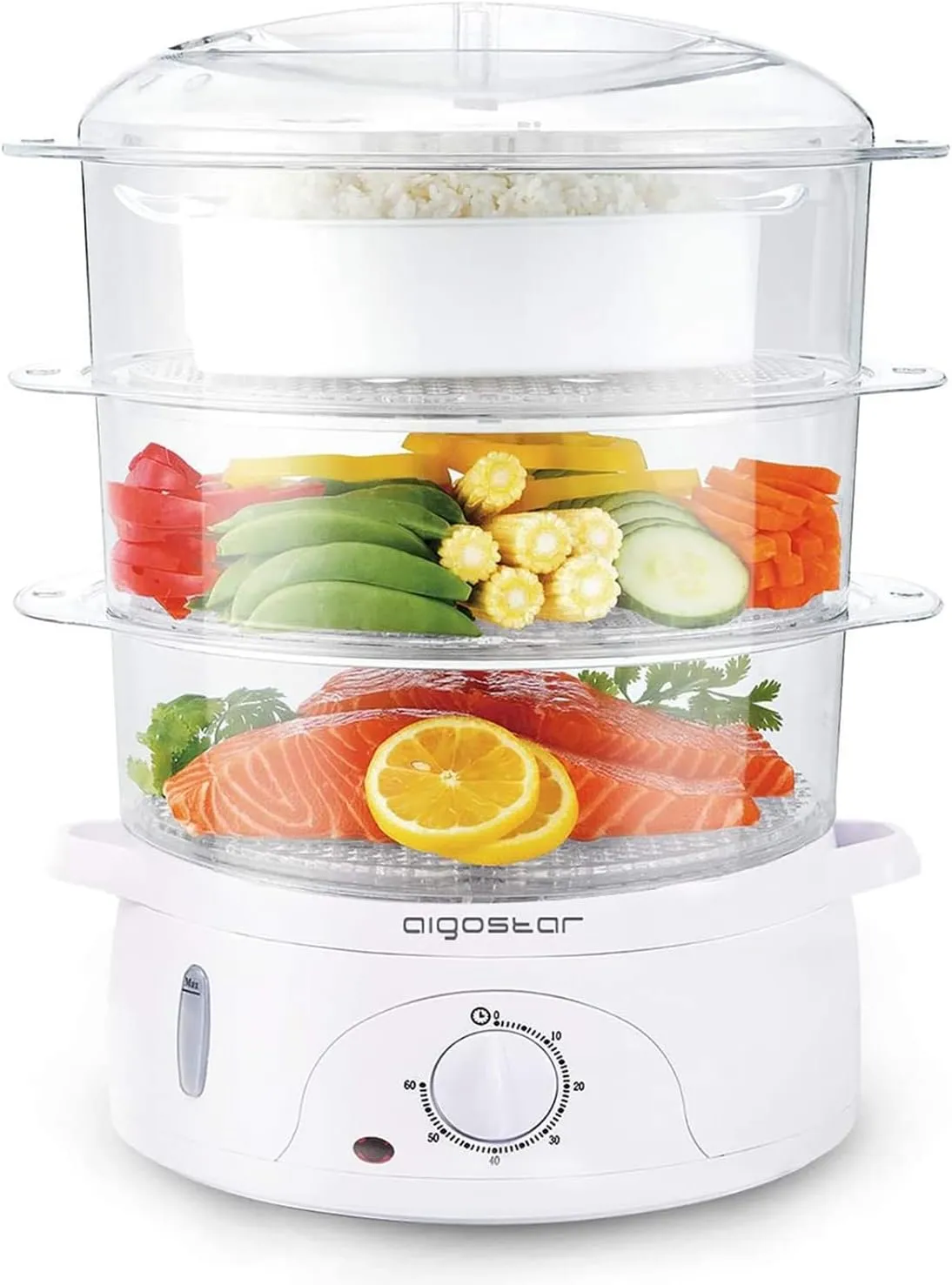 Bild von Aigostar Fitfoodie 30CFO Dampfgarer mit 9 Litern und Timer, 3 stapelbare Körbe, 800 Watt, BPA-frei