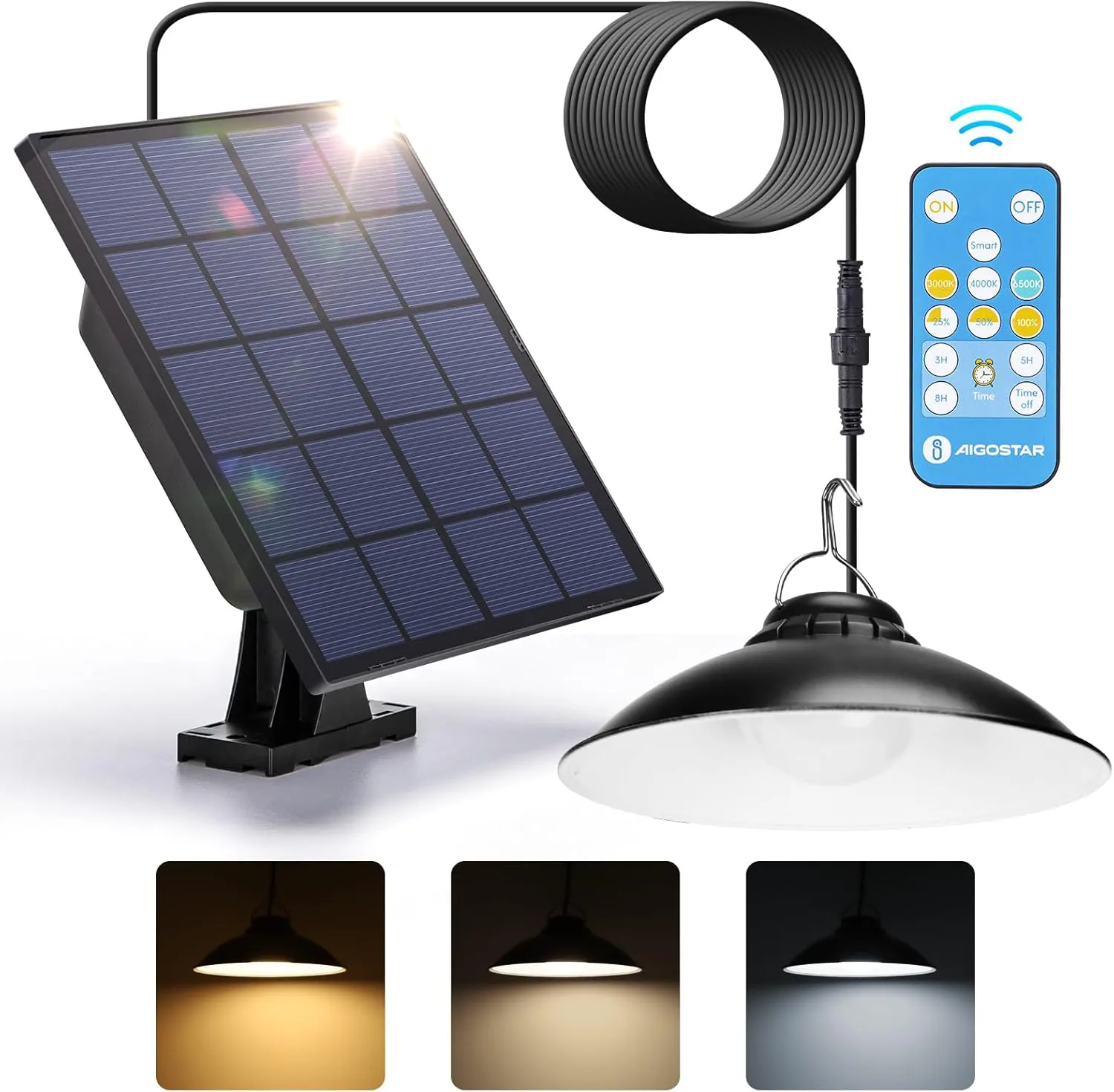 Bild von Aigostar Solar Hängeleuchte mit Fernbedienung, dimmbar und zeitgesteuert, IP65 wasserdicht, 3 Meter Kabel für Innen und Außen