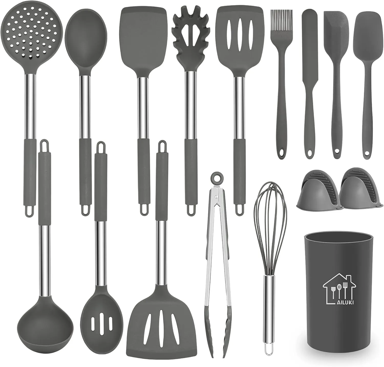 Bild von AILUKI 17-teiliges Silikon Kochgeschirr Set mit Edelstahlgriffen in Grau