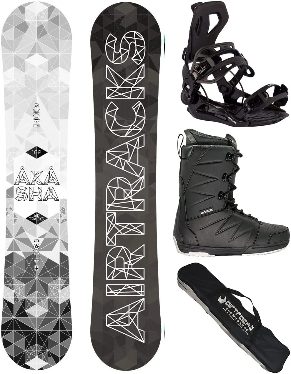 Bild von Airtracks Akasha Snowboard Set mit Hybrid Rocker, Master Bindung, Boots und Tasche in den Größen 152 bis 162 cm
