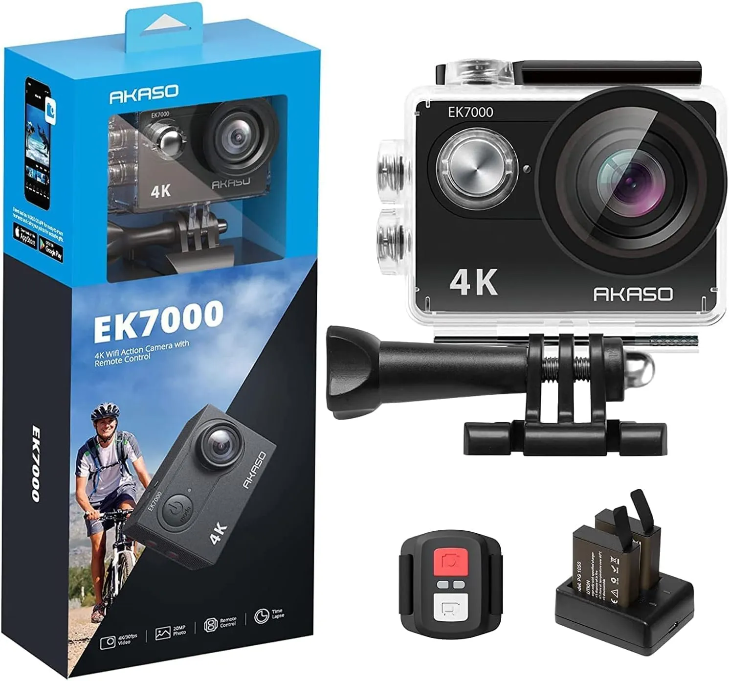 Bild von AKASO EK7000 Action Cam mit 4K Video, 20 MP, WiFi und 170 Grad Weitwinkel, inklusive 2 Zoll LCD Bildschirm und 2 Akkus