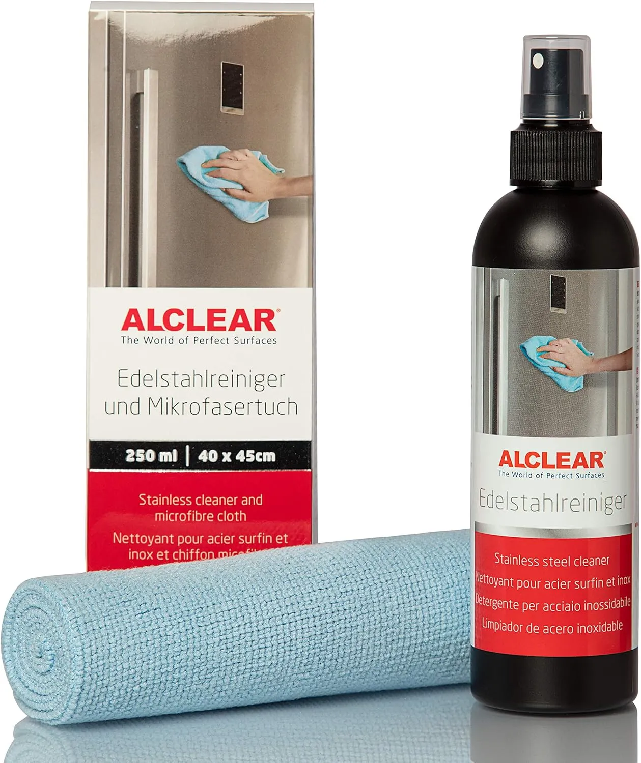 Bild von ALCLEAR 721ER Edelstahlreiniger 250 ml mit Mikrofasertuch für streifenfreie Reinigung von Edelstahl