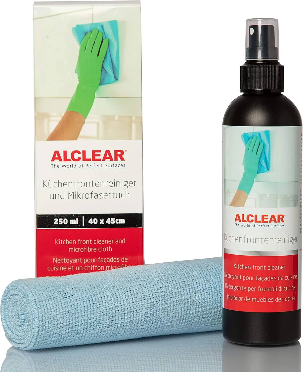 Bild von ALCLEAR 721KR Küchenfrontenreiniger 250ml mit Mikrofasertuch für streifenfreie Reinigung von Hochglanzflächen in Schwarz und Blau