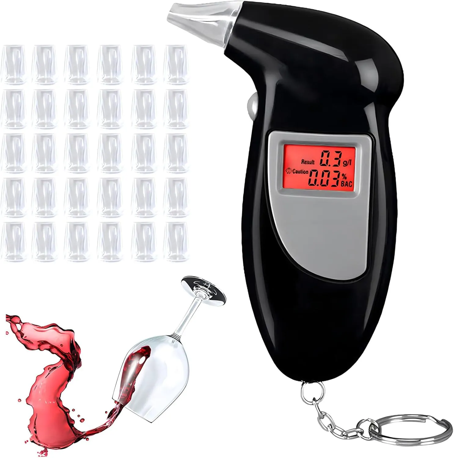 Bild von Alkoholtester mit 30 Mundstücken und digitalem LCD-Bildschirm für den privaten Gebrauch