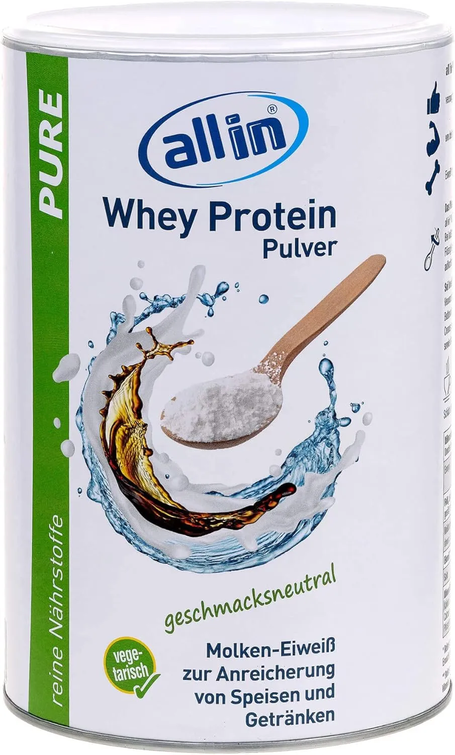 Bild von allin PURE 500g Whey Protein Pulver ohne Kohlenhydrate, geschmacksneutral und leicht löslich, ideal für Muskelaufbau