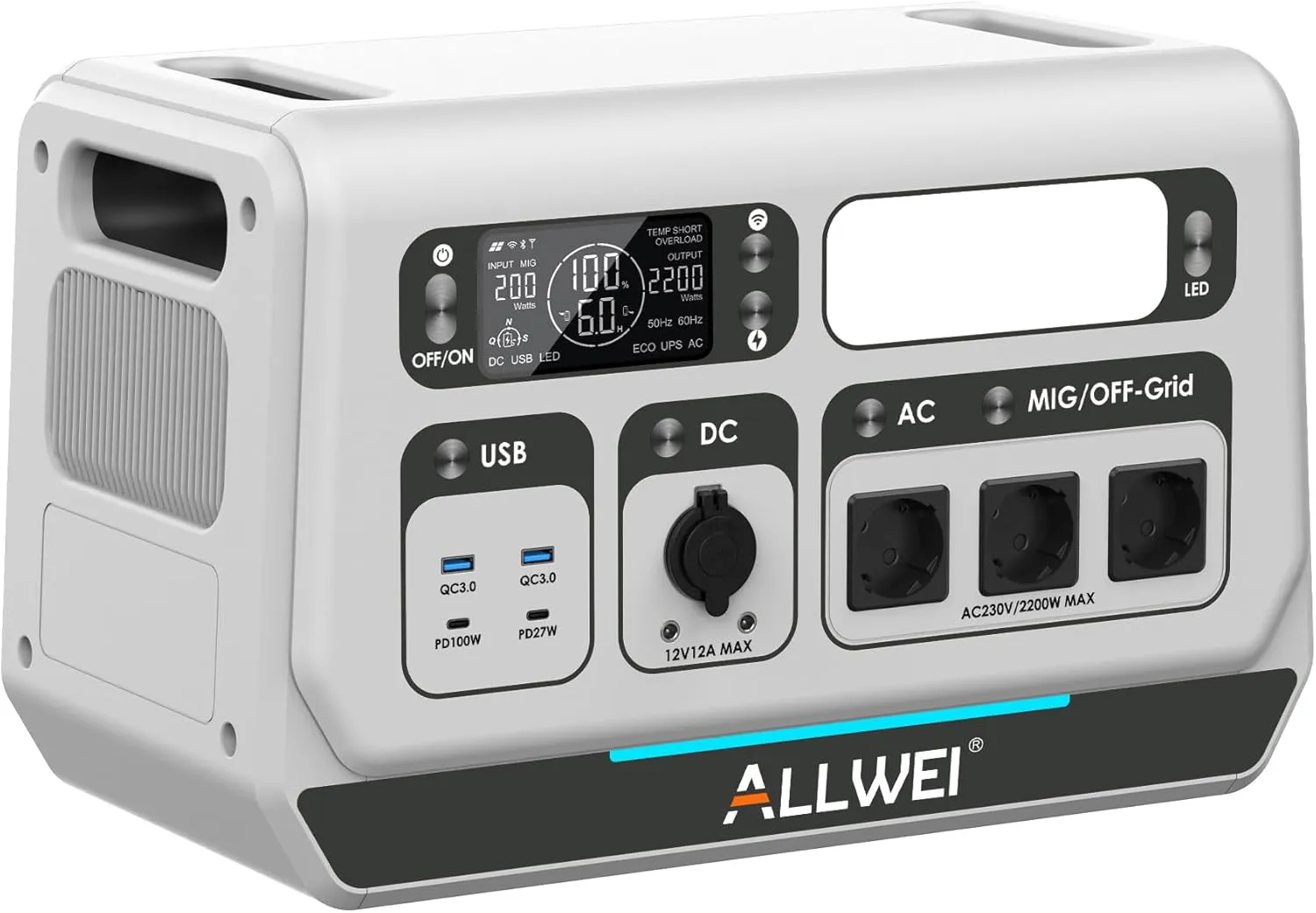 Bild von ALLWEI Balkonkraftwerk mit 2048Wh LiFePO4 Speicher, 2200W Ausgang, 800W Wechselrichter, 1200W Solareingang und App-Steuerung