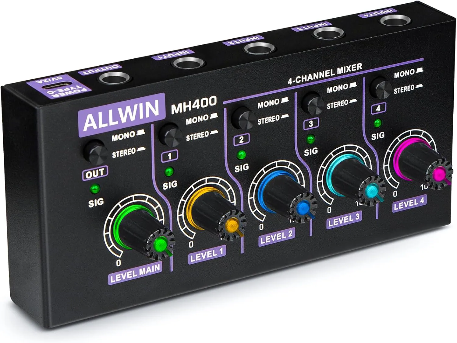 Bild von ALLWIN 4-Kanal Mini Audio Mixer mit niedrigem Geräuschpegel, 4 Eingänge und 1 Ausgang, unterstützt Mono und Stereo für Mikrofone, Gitarren, Bass, Keyboards und Instrumente
