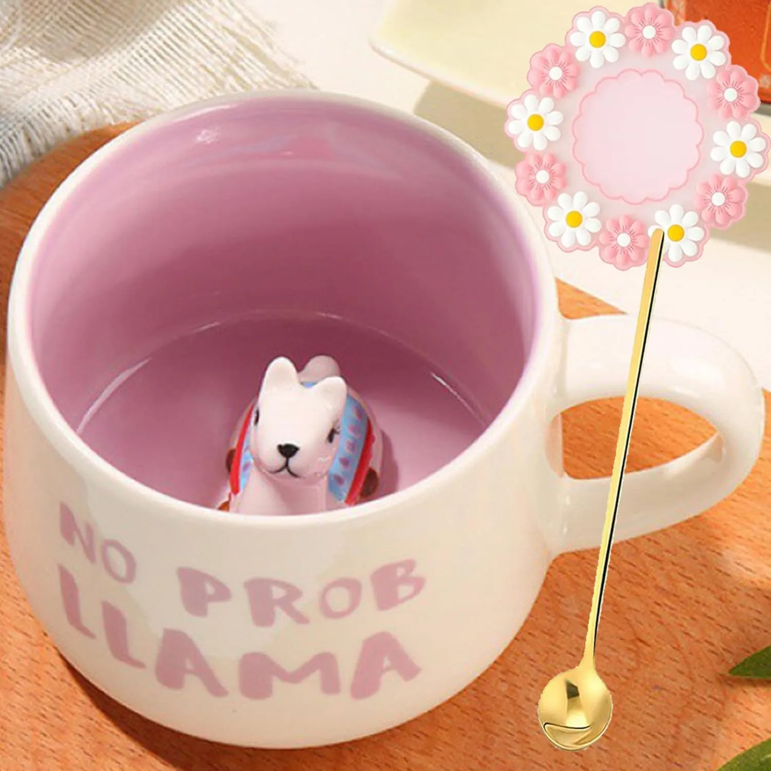 Bild von Alpaka Keramiktasse mit Löffel und Untersetzer, 350 ml, lustiges Geschenk für Tee und Kaffee