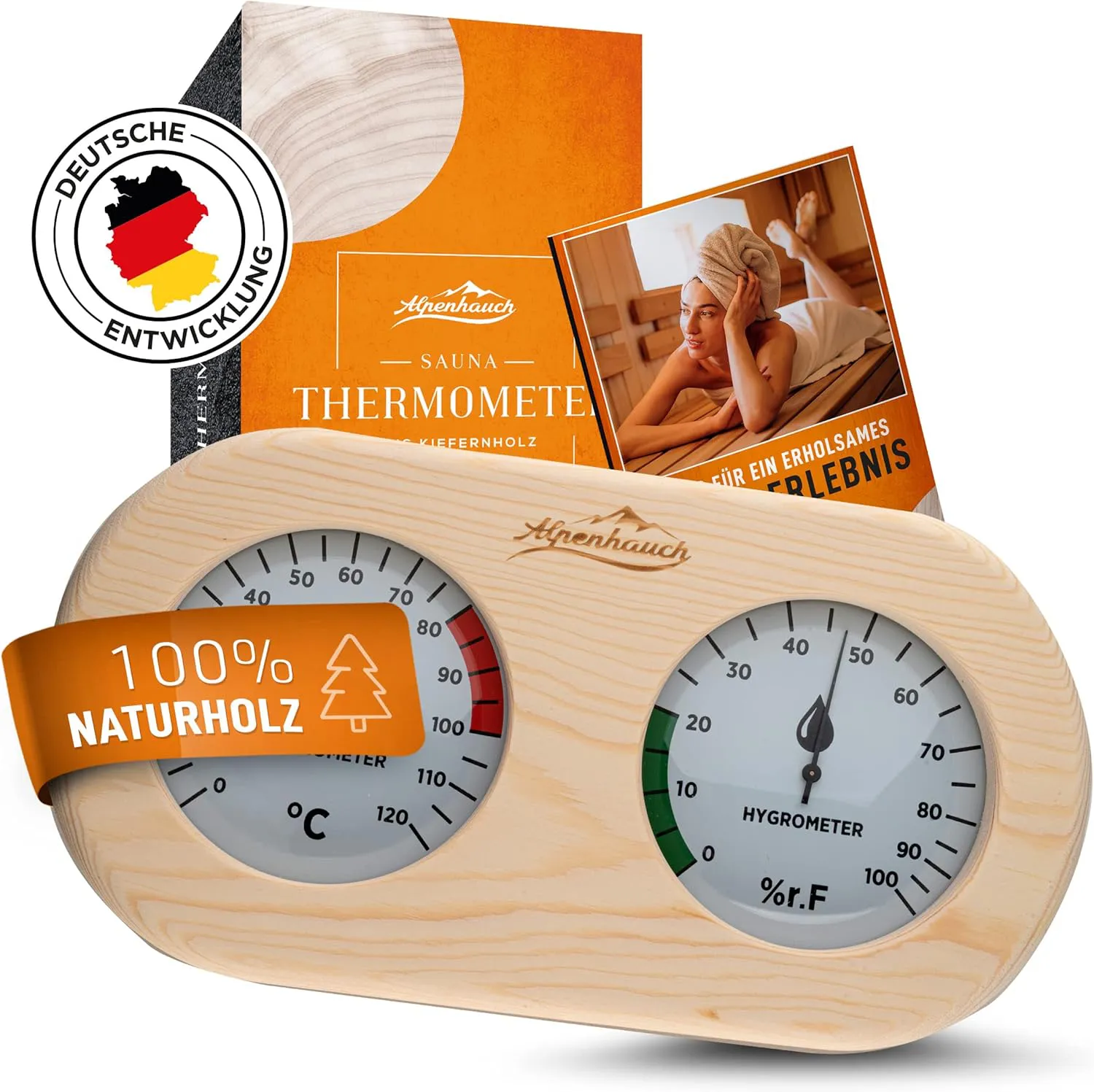 Bild von ALPENHAUCH 2in1 Sauna Thermometer und Hygrometer aus Holz mit automatischer Kalibrierung und gehärtetem Glas