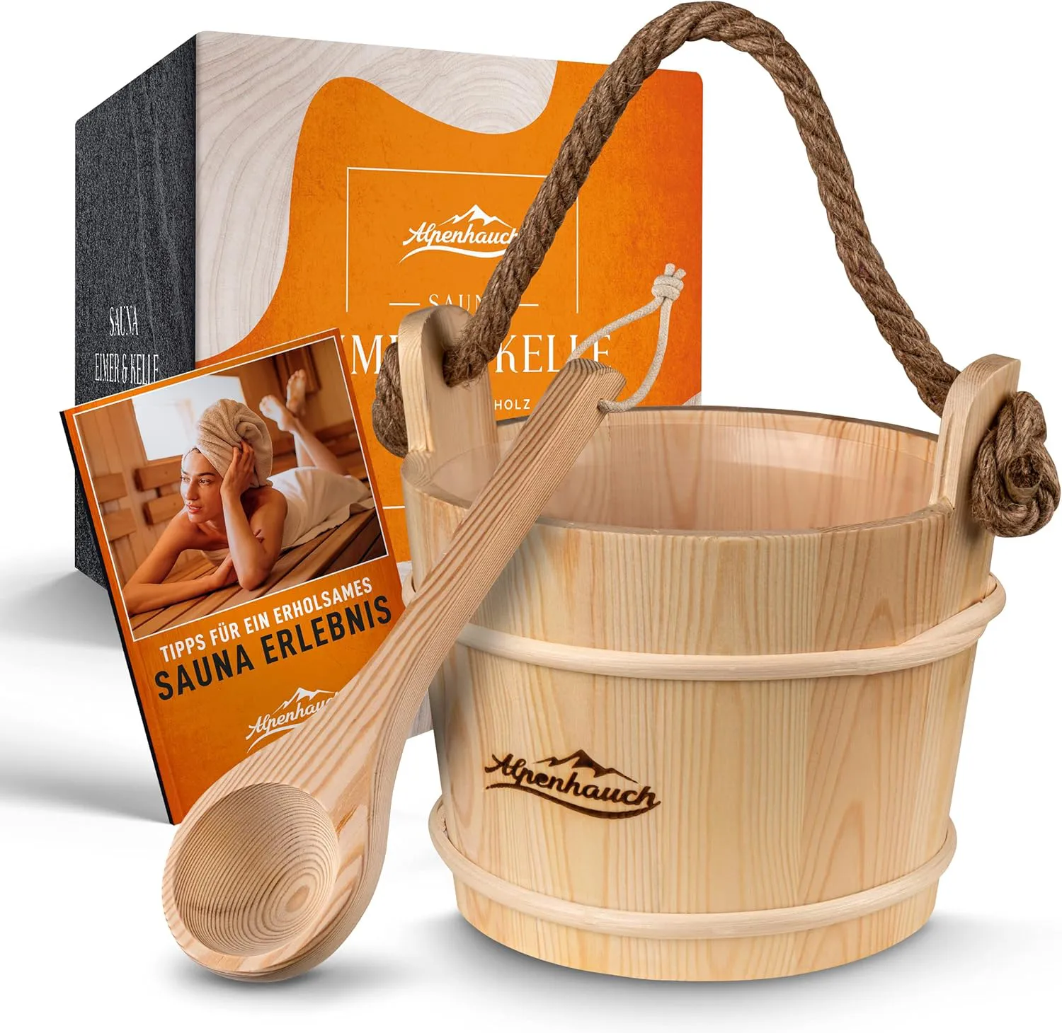 Bild von ALPENHAUCH Sauna Eimer Set aus 100% Naturholz mit Kelle und Hanftrageseil sowie praktischem Büchlein