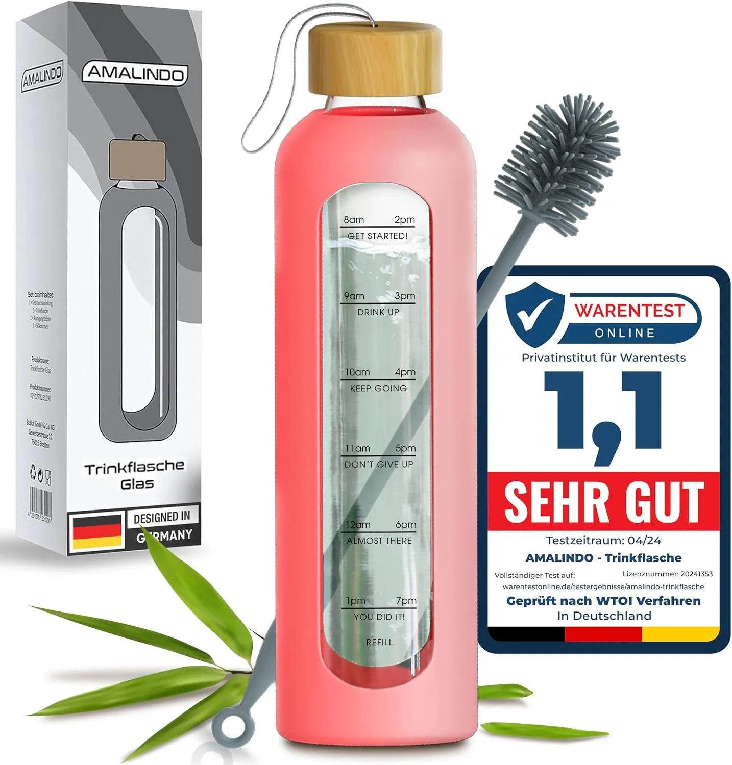 Bild von Amalindo 1 Liter Glas Trinkflasche bruchsicher mit Silikonhülle und Bürste in Rosa