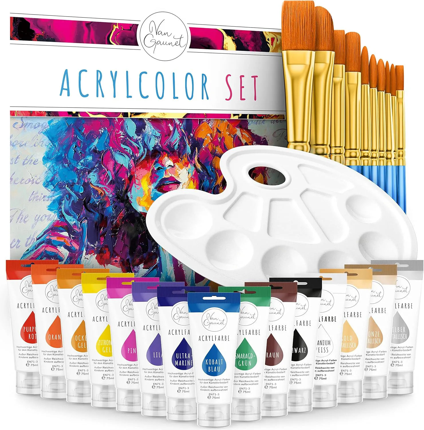 Bild von Amandi Van Gaunet Acrylfarben Set mit 16 Farben à 75 ml und 10 Pinseln, wasserfest und schnell trocknend für verschiedene Materialien