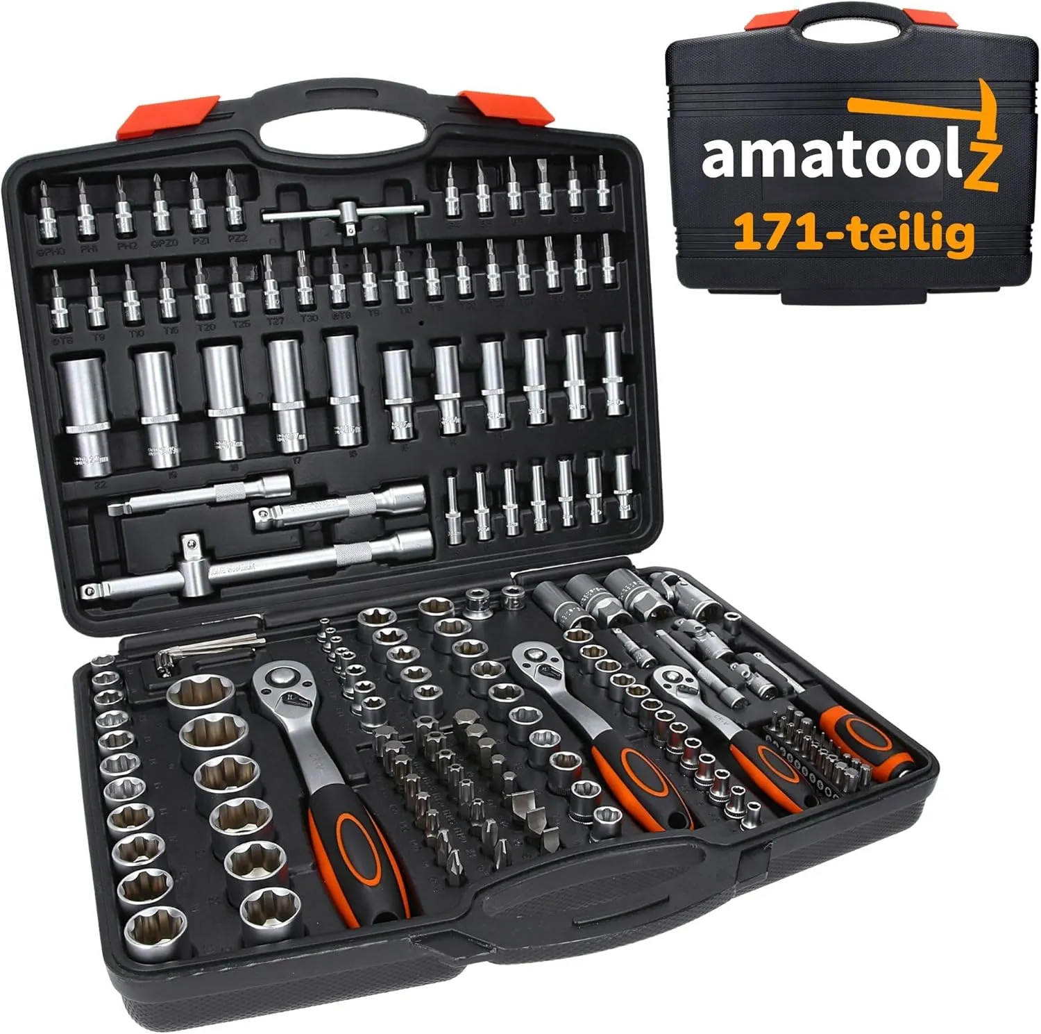 Bild von Amatoolz 171 teiliges Ratschenkoffer Set mit verschiedenen Größen und umfangreichem Zubehör