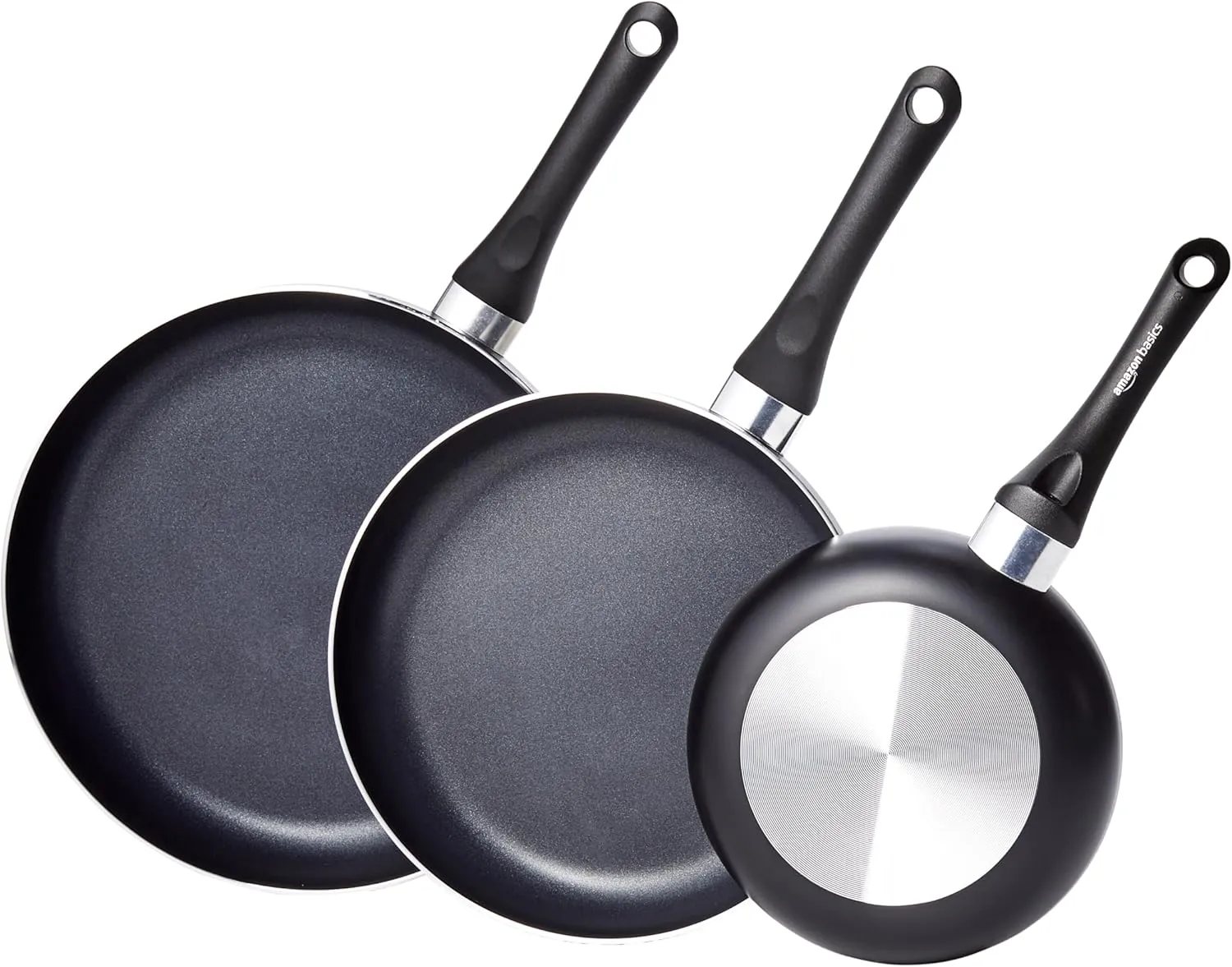 Bild von Amazon Basics 3-teiliges Bratpfannen-Set in Schwarz mit Antihaftbeschichtung in den Größen 20 cm, 25 cm und 30 cm