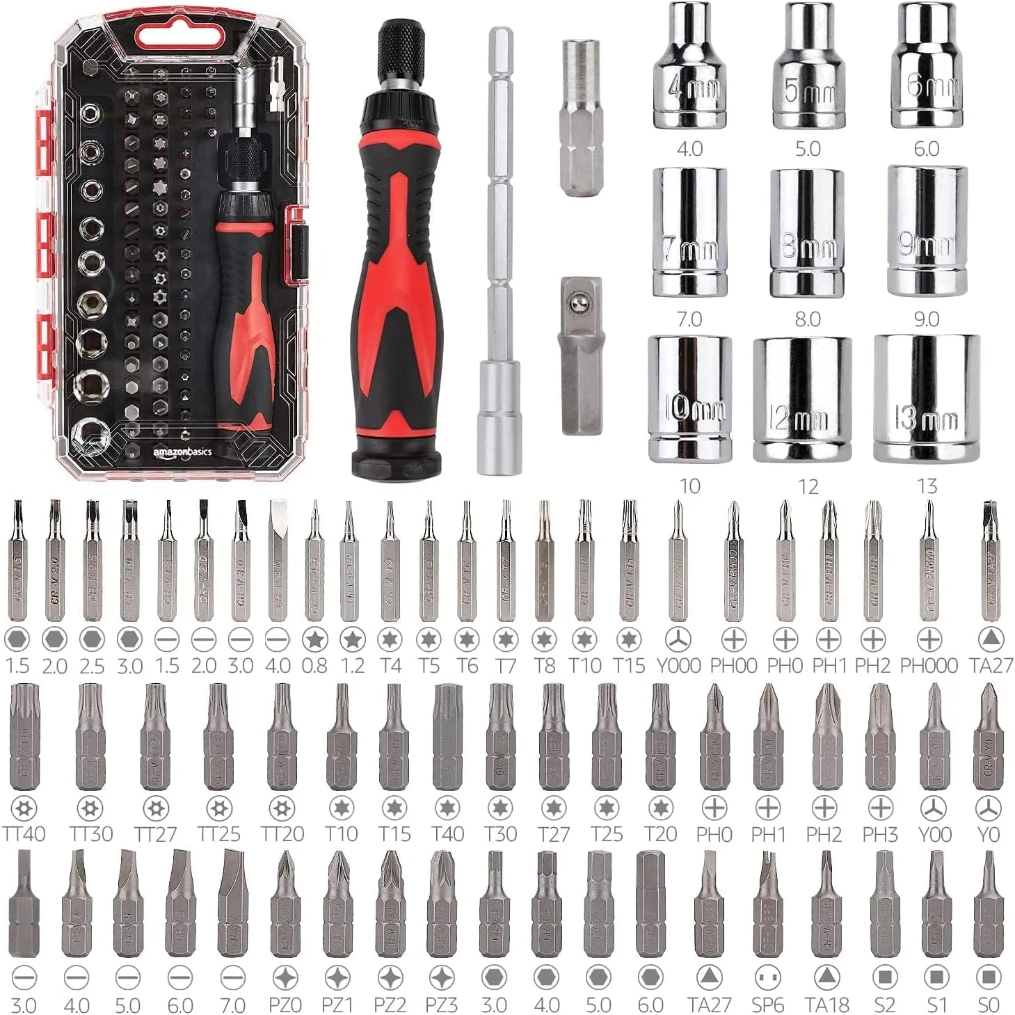Bild von Amazon Basics 73-teiliges Ratschenschlüssel und Schraubendreher Set in Schwarz, Silber und Rot