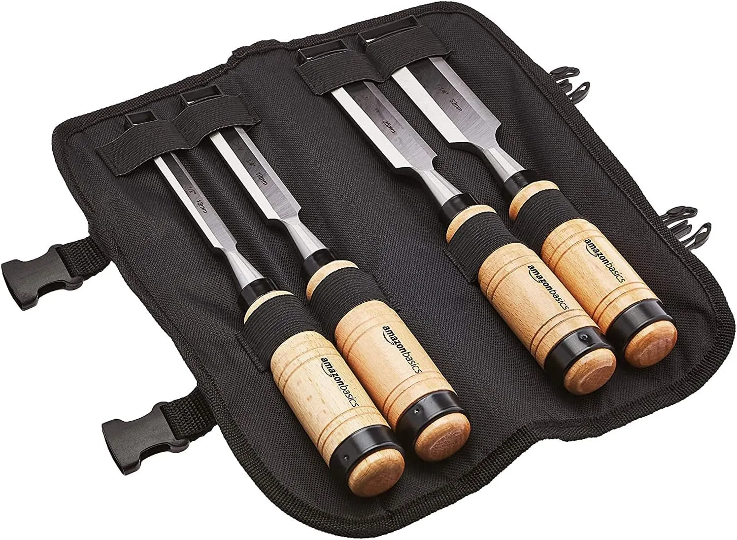 Bild von Amazon Basics Holzmeißel-Set mit 4 stabilen Meißeln aus Chrom-Vanadium-Stahl in Größen von 13 mm bis 32 mm und Holzgriffen, inklusive Tragetasche