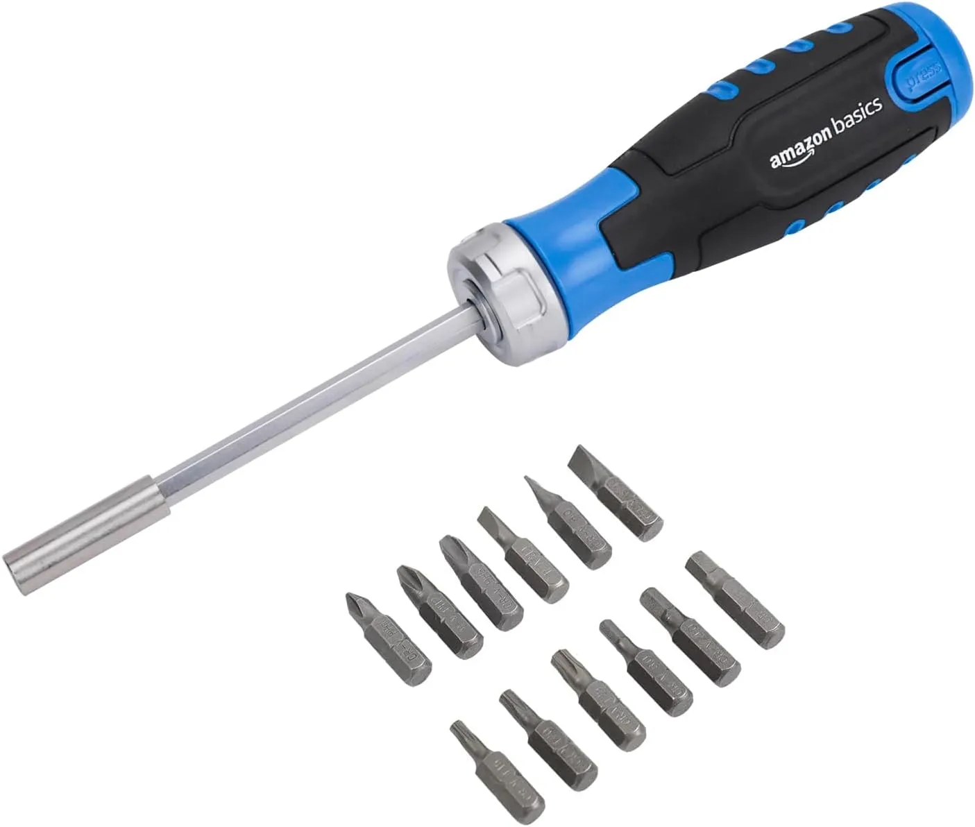 Bild von Amazon Basics magnetischer Ratschen-Schraubendreher Set mit 12 Teilen in Blau, Schwarz und Silber