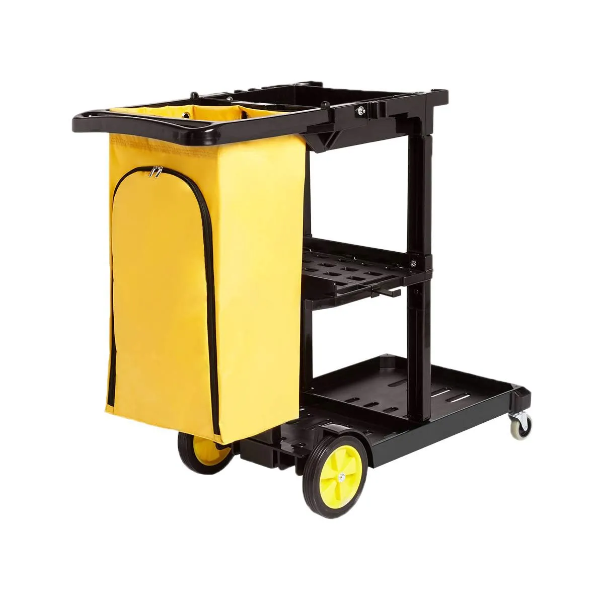 Bild von Amazon Basics Reinigungswagen mit Reißverschlusstasche und zwei Ablageflächen in Schwarz und Gelb, Maße 120 x 51 x 98 cm