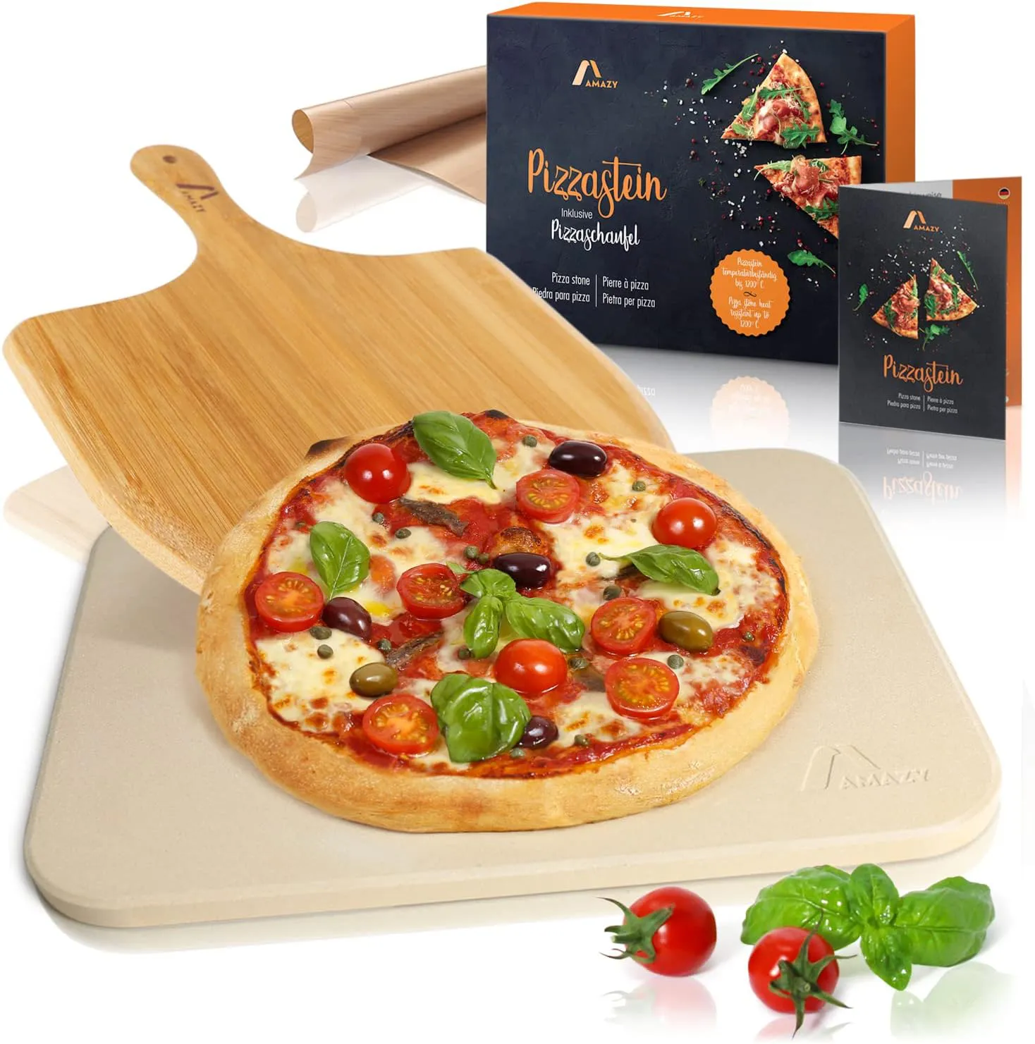 Bild von Amazy Pizzastein mit Bambusschaufel und Dauerbackfolie für authentischen Steinofenpizza Geschmack
